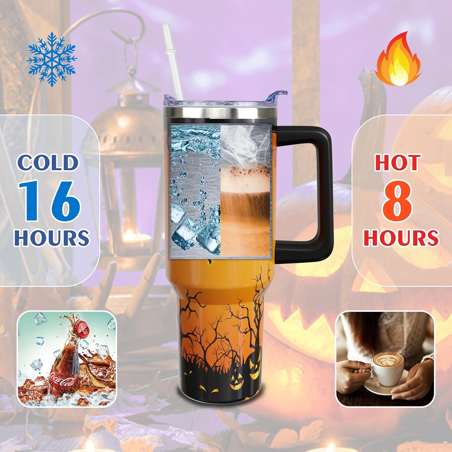 Halloween Tumbler 40 oz Tumblers with Handle and Straw Orange Witchy Stainless Steel Insulated Coffee Cups Mugs Halloweens Gifts Stuff for Women Girls