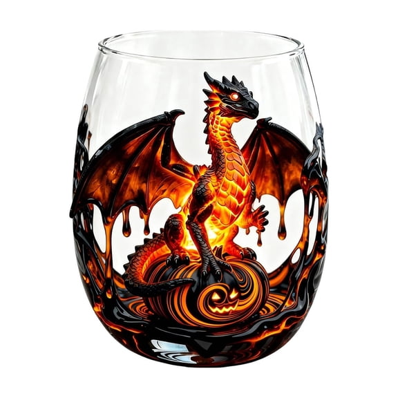 420ML/15oz Dragon & Pumpkin Glass Cup, 2D Stemless Wine Glasses Drinkware Handcrafted Animals Bar Glass for Halloween, Thanksgiving, Birthday, Holiday Party Gifts for Lovers & Collectors Halloween A
