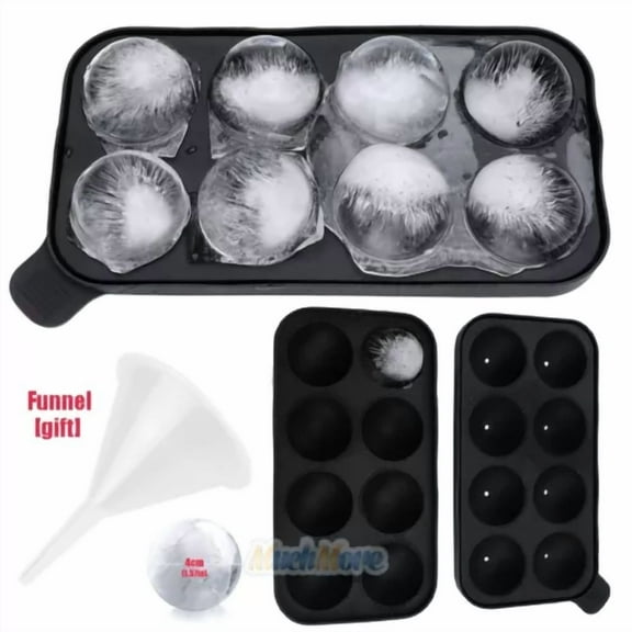 Black Round Silicon Ice Cube Ball Maker Tray 8 Large Sphere Molds Bar W/ Funnel