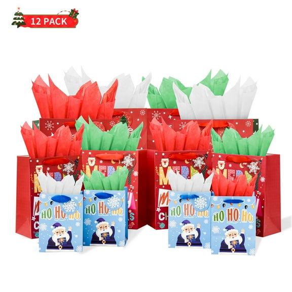 Orthbrace 12 Pack Christmas Gift Bags with Carrying Handles and Tissue Paper - 4 Styles, 3 Different Sizes Gift Bag Sets for Wrapping Christmas Gifts (4 Large, 4 Medium, and 4 Small)
