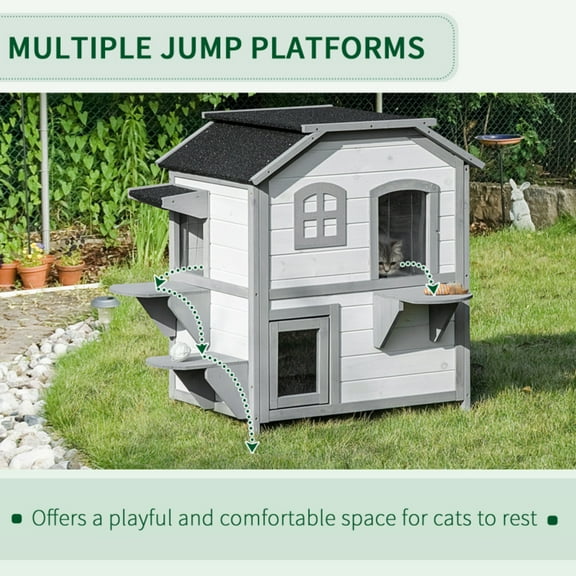PawHut 2-story House Outdoor, Weatherproof Wooden Cat Enclosure for Feral Cats with Escape Door, Openable Roof, Jumping Platforms