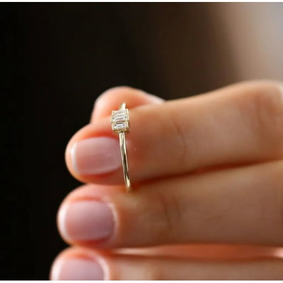 Jewelerix Baguette Cut Solitaire Ring for Women, Minimalist Dainty Stackable Band, 10K Vermeil Yellow Gold Ring Wedding Promise Gift