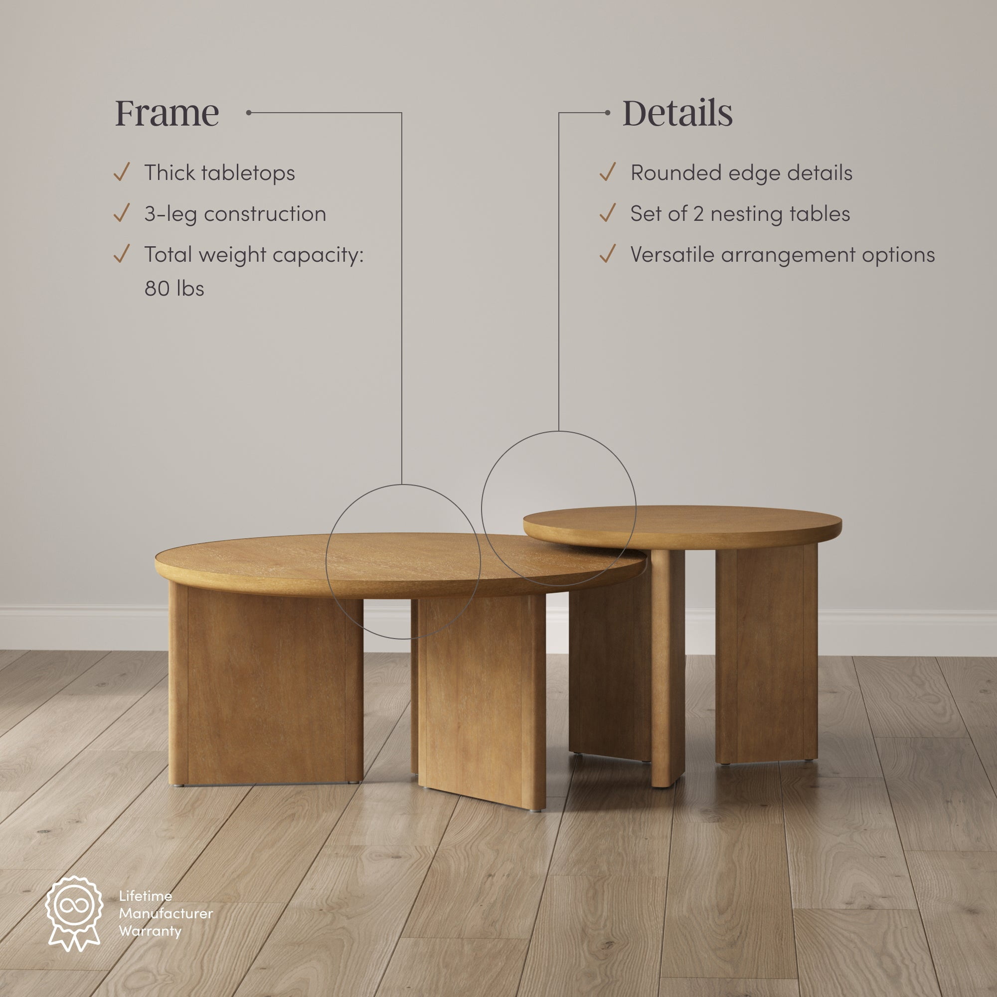 Nathan James Davis Round Wooden Coffee Table, Nesting Coffee Table Set, Nested Table Furniture for Living Room, Light Brown