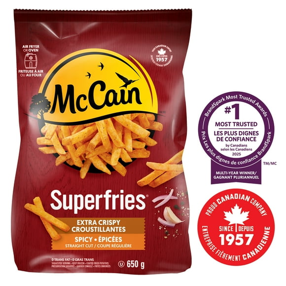 McCain® Superfries® Extra Crispy Spicy Straight Cut Fries, Made in Canada from domestic and imported ingredients, 650g