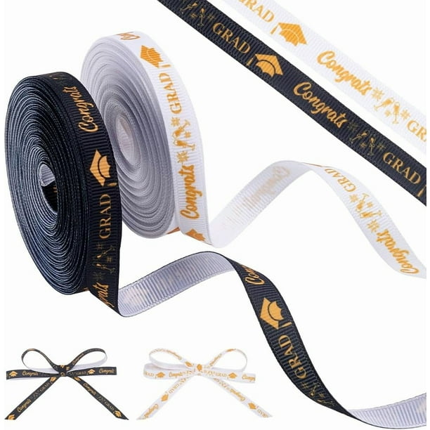 2 rollos de cinta de graduación de 20 yardas para flores, 2 colores, felicitaciones, graduación, clase de 2025, decoraciones para fiesta de graduación, cintas de grogrén blancas y negras.