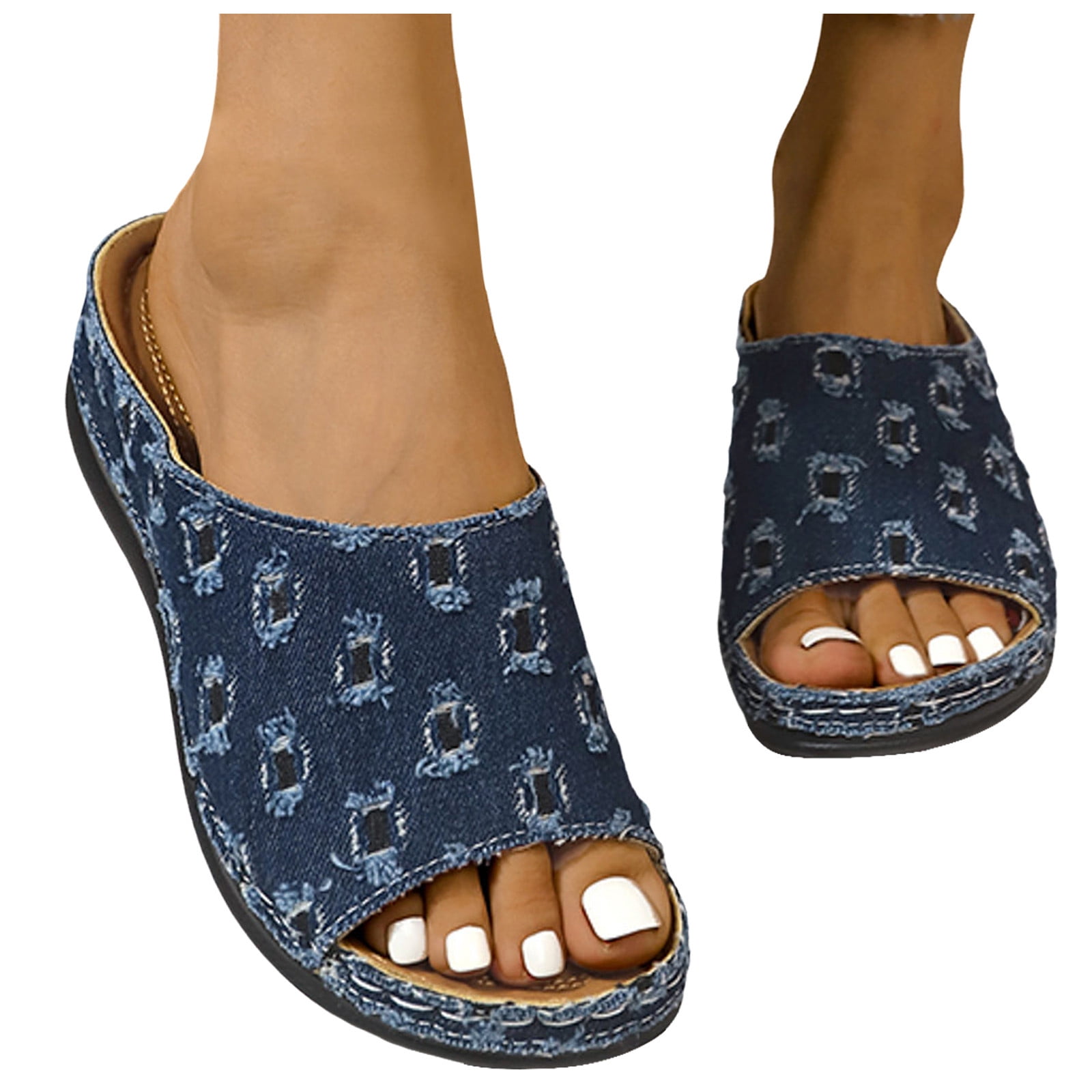 Mostsola Women's Trendy Wedges Open Toe Denim Splic Slides Sandals with Comfort Arch Support