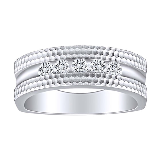 AFFY 0.53 Carat (Ctw) Round White Natural Diamond Men's 5 Stone Hammered Engagement Ring 10k Solid Gold