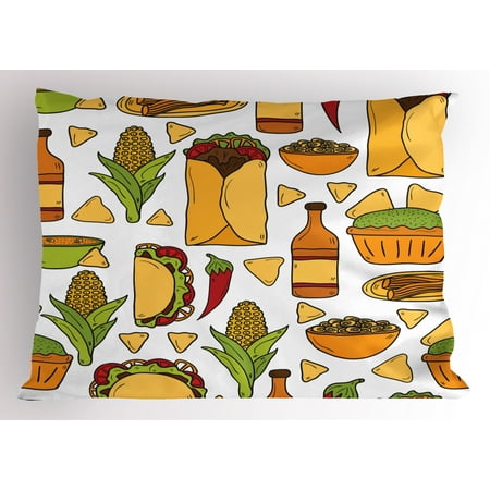 Mexican Pillow Sham, Latin Food Chili Taco Nachos Burrito Tequila Rice Corns Best Supper, Decorative Standard Queen Size Printed Pillowcase, 30 X 20 Inches, Ginger Apricot Lime Green, by
