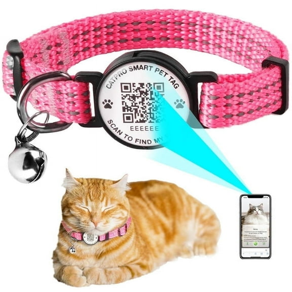 Smart QR Code Pet ID Personalized Tag Cat Collar, Reflective Nylon with Bell, Secure Breakaway, Comfortable, Durable - Suitable for Adult Cats-Rose