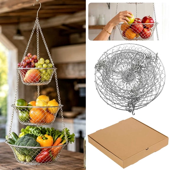Simple Houseware Modern 3-Tier Hanging Storage Organizer Fruit Basket For Kitchen Bathroom Laundry Bedroom
