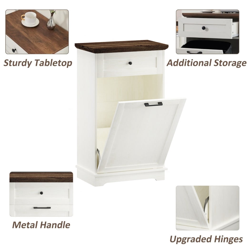10 Gallon Tilt Out Trash Cabinet, Freestanding Garbage Can Storage with Drawer, Kitchen Recycling Cabinet, Antique White Trash Bin Holder, Antique White