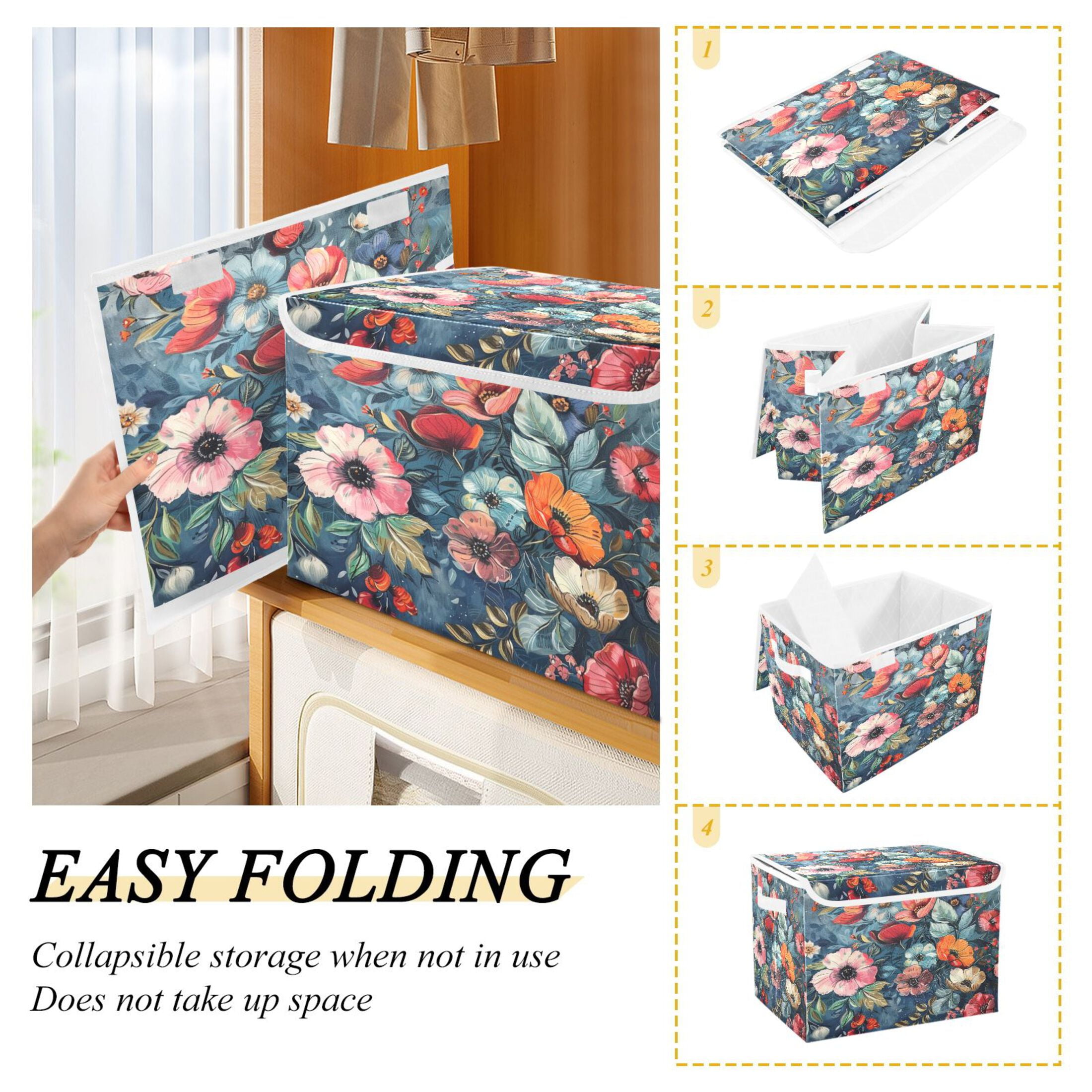 Ryvnso Boho Floral Large Lidded Foldable Storage Baskets Cubes Boxes Lids Bin for Home