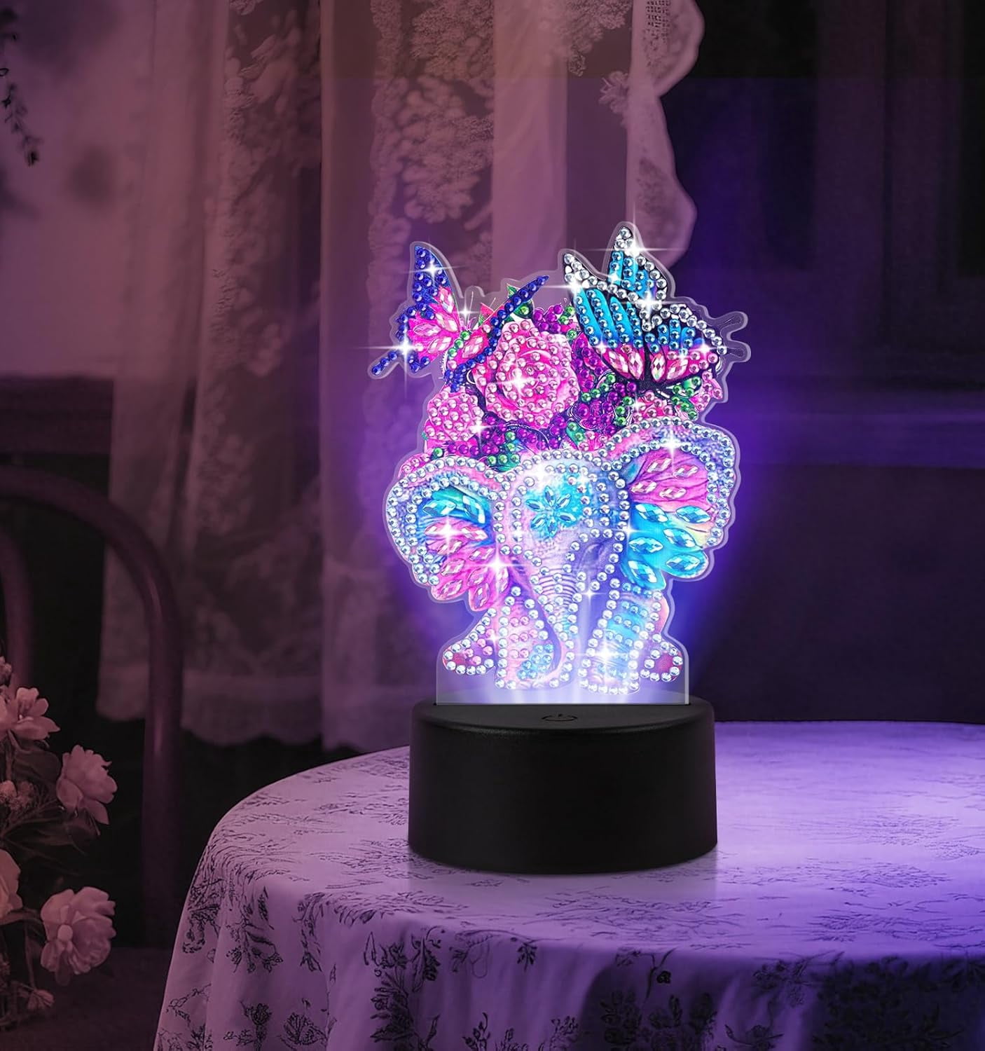 Elephant Diamond Painting Night Light, Touch Lamp Desktop Ornament for Adults Beginners, Home Bedroom Decor