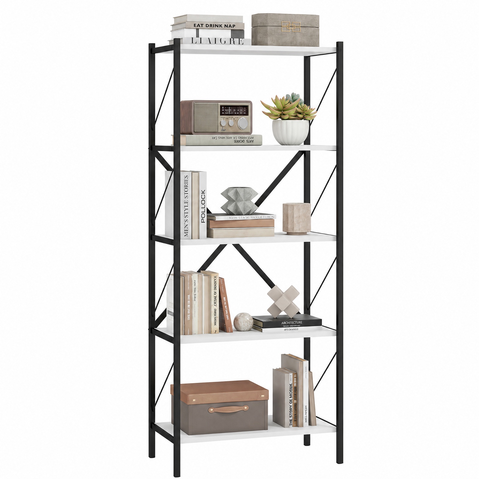 Furnibear 5-Tier Tall Bookshelf Industrial Bookcase with Heavy-Duty Metal Frame Modern Storage for Living Room Home Office Bedroom Display, White