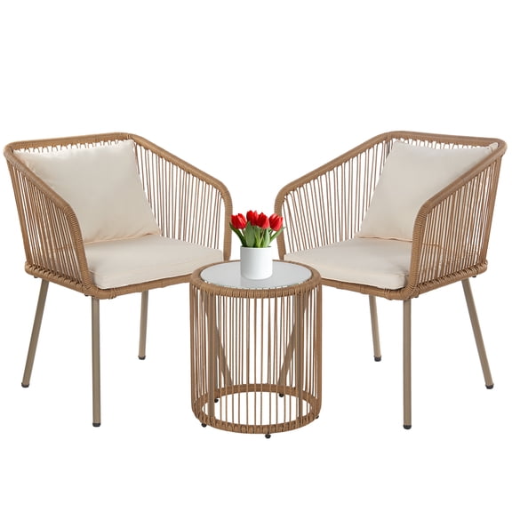BIQWBIC 3-Piece Patio Bistro Sets with Glass Table & Cushions - PE Rattan Balcony Furniture, Porch Furniture Set with 2 Rattan Chairs for Outdoor/Indoor Use, White