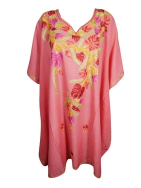 Mogul Women Short Caftan Dress Floral Embroidered Kimono Sleeves V-Neckline Boho Fashion Kaftan Tunic 3X