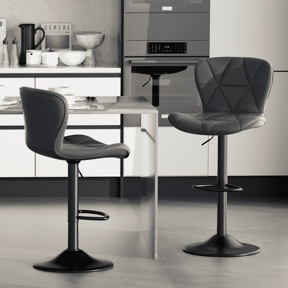 Upholstered Swivel Bar Stools Set of 2, Adjustable Faux Leather Counter Height Bar Chairs with Back and Footrest, Darkbrown