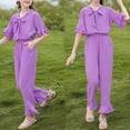 thumbnail image 2 of Odeerbi Kids Girls 2 Piece Outfits Ruffle Tops Pants Set Summer Clothes Spring Cute Solid Color Long Sleeve Comfy V-Neck Blouses Pants Set Purple, 2 of 5