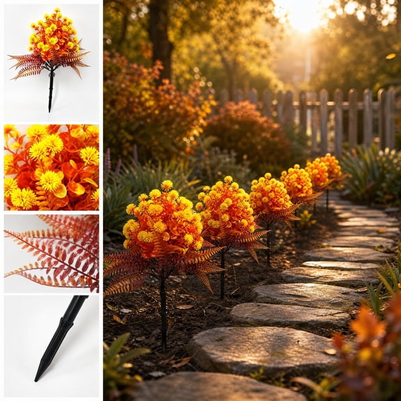 Artificial Dandelion Flower Ground Stake Outdoor Fall Garden Decor, 45cm Orange Yellow Dandelion with Persian Leaves for Thanksgiving, Weatherproof Yard Ornament and Fall Holiday Display