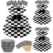 3 Sets 3 Tier Round Race Car Cardboard Cupcake Stand with 100 Checkered Baking Cups Liners 100 Flag Race Car Party Decorations for Racing Cars Birthday Black and White Fast Party Supplies