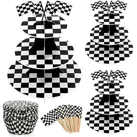 3 Sets 3 Tier Round Race Car Cardboard Cupcake Stand with 100 Checkered Baking Cups Liners 100 Flag Race Car Party Decorations for Racing Cars Birthday Black and White Fast Party Supplies