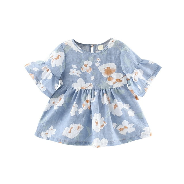 Vestido Para Niñas, Ropa Para Niñas Pequeñas, Vestido De Manga Corta Con Estampado De Flores De Verano Para Niños Pequeños, Falda Azul Odeerbi LM103-8679