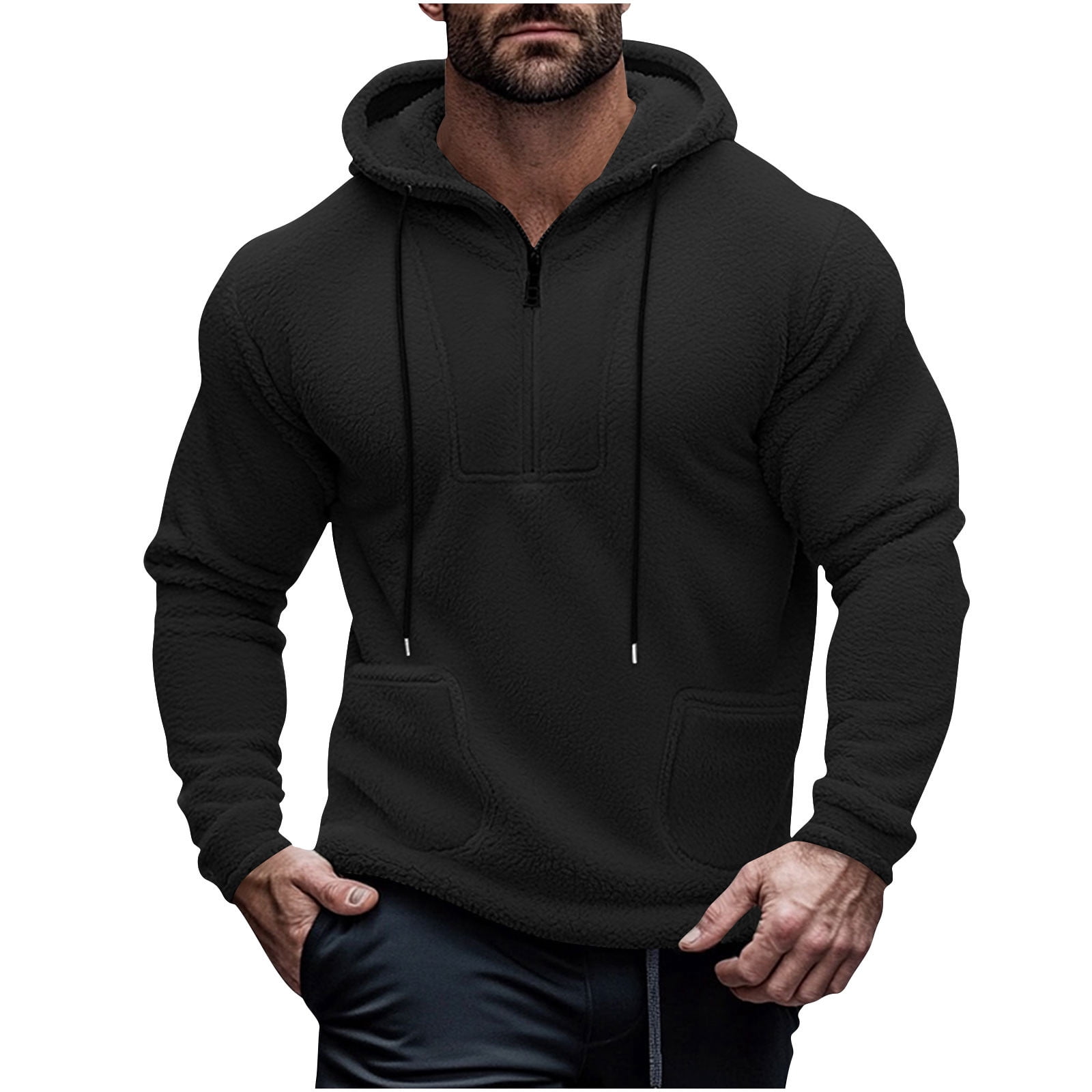 Paiwinds Men's Vintage Full-Zip Fleece Hoodie, Plush Polyester with Adjustable Hood, Retro Casual Sweatshirt in Army Green