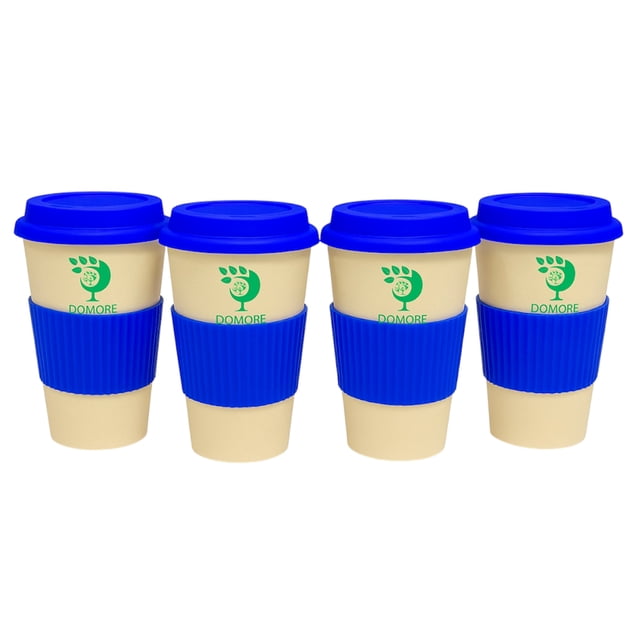 Domore set 4 vasos cafeteros 500 ml azul fibra de bambú reutilizables con tapa