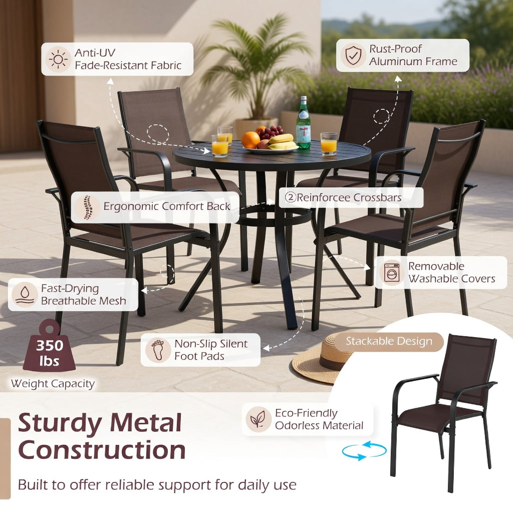 Hommoo Stackable Outdoor Patio Dining Chairs Set of 4, Metal Frame with Breathable Mesh Fabric, Easy Assembly for Patio, Balcony & Poolside Use, Coffee