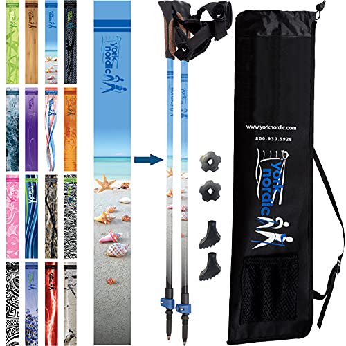York Nordic Bâtons de Marche - Poignées Classiques Nordiques - Légers, Ajustables et Pliables - 2 Pcs Ajustables avec Verrous Rabattables, Pieds Détachables et Sac de Voyage (Plage)