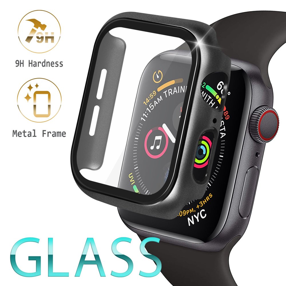 Metal Hard Case for Apple Watch 44mm Series SE 6 5 4, Built in 9H