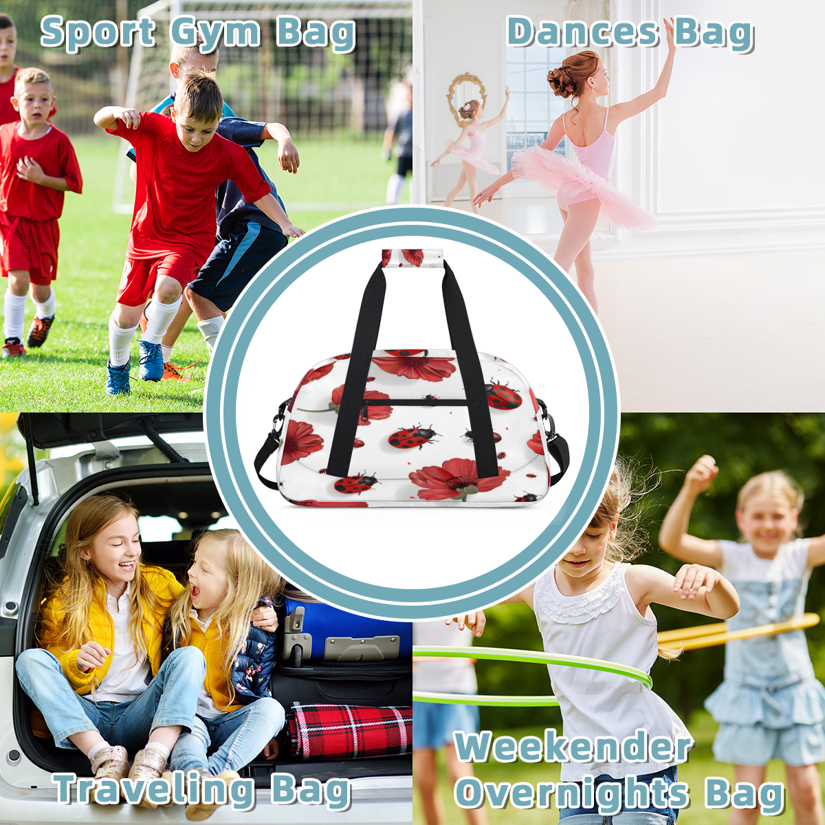 Herdesigns Sports Duffle Bags Travel Duffle Bag Gym Bag Red Ladybugs Poppy Floral Weekender Travel Bag Waterproof Overnight Bag Carry On Travel Tote Bag Dance Bags