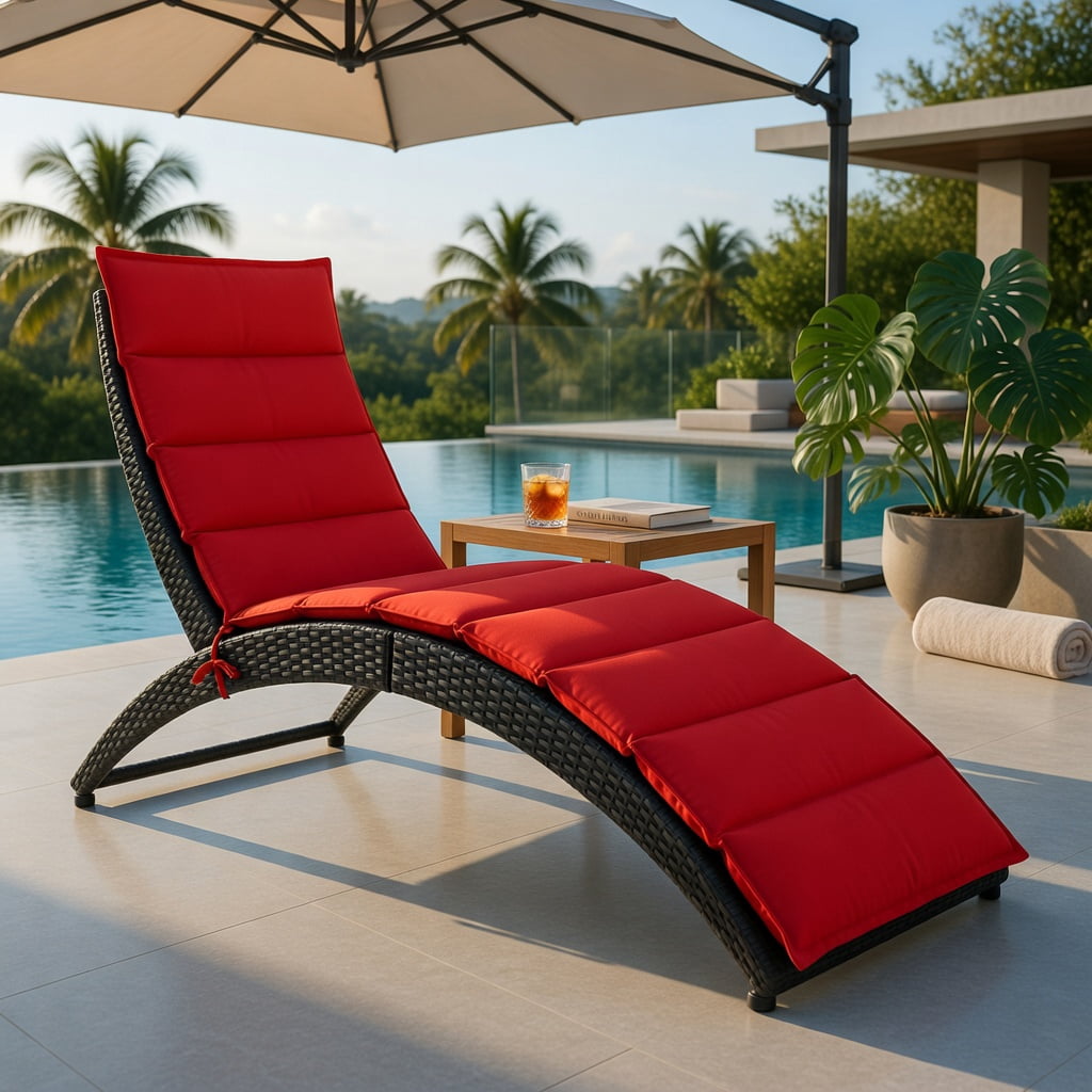 Hommoo Foldable Outdoor Rattan Lounge Chair with Thick Cushion, PE Wicker Chaise for Patio, Poolside & Garden, Red