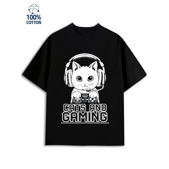 Cat Gamer Tee for men 180G 100% Cotton black Funny Unisex Shirt Graphic Tee tshirts Retro Unisex Shirt Graphic tshirts Casual Unisex Shirt Short Sleeve tshirts Vintage Unisex Shirt Graphic tshirts