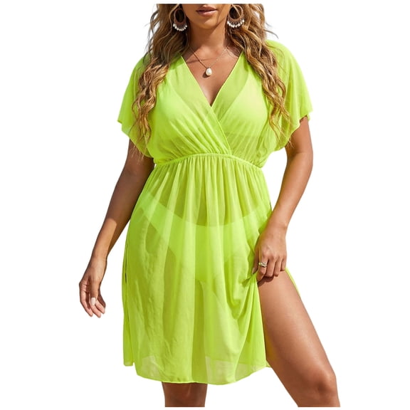 SELONE Beach Cover ups for Women Dresses Short Sleeve Split Swimwear Deep V Neck Mesh Mid Bathing Suit Green