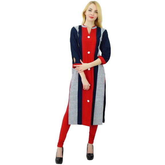Phagun Stripe Kurta 3/4 Sleeve Cotton Ethnic Designer Kurti Women Wear Dress