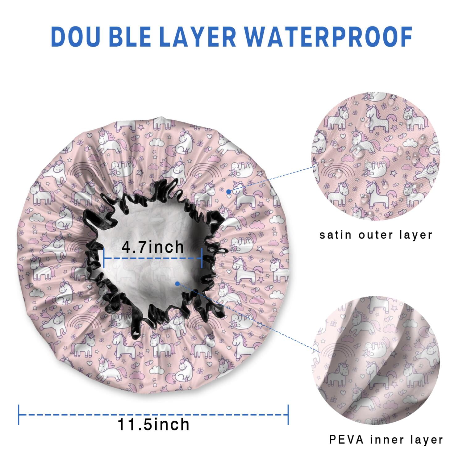 Shower Caps,Pink Unicorn Doodle Pattern Waterproof Shower Cap for Women 4 Pieces,Double Reusable Hair Cover for Shower PEVA Elastic Stretch Hem