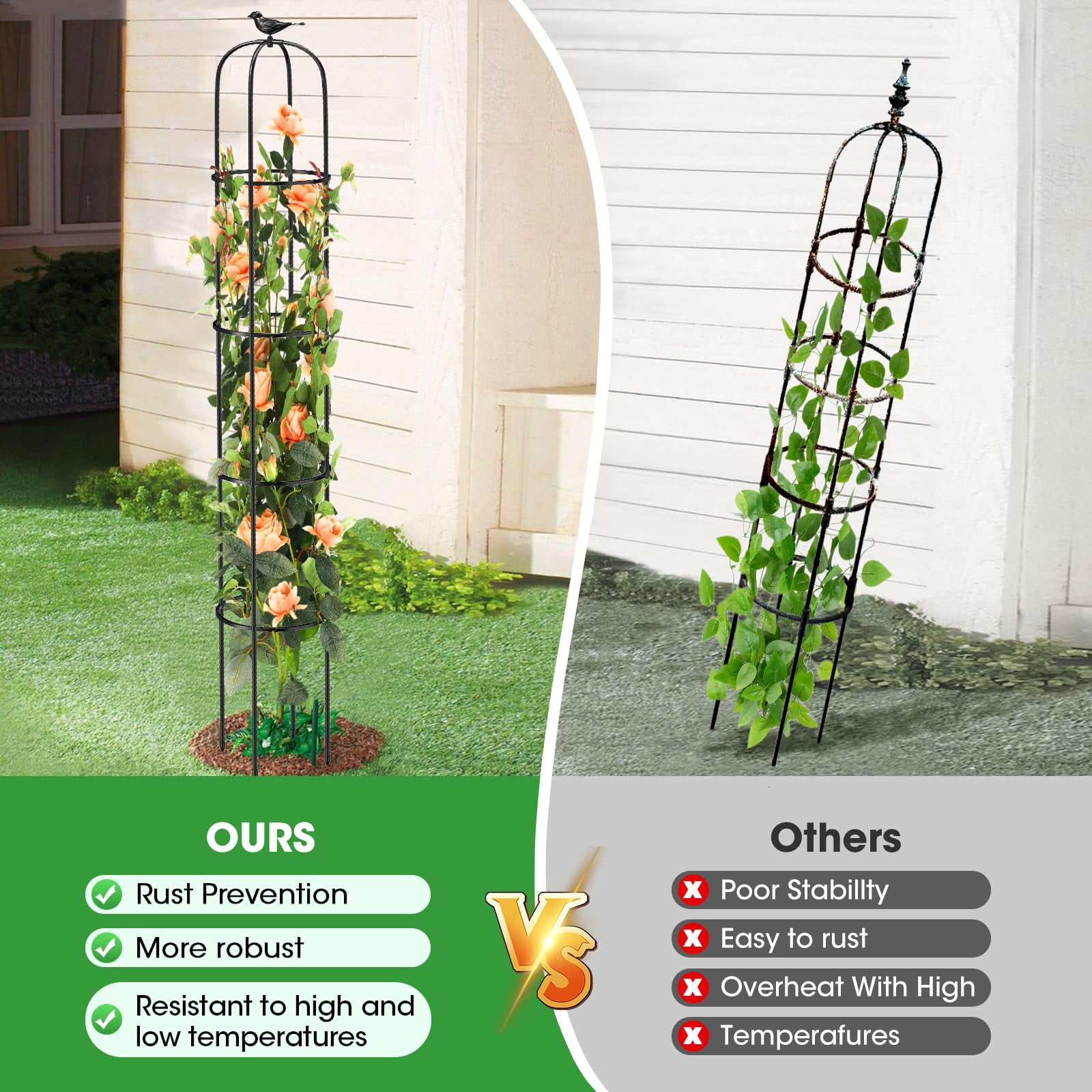 2Pcs Tower Obelisk Garden Trellis for Climbing Plant，73.6inch Rustproof Metal Potted Plant Climbing Support for Indoor Outdoor Flowers Vegetable Fruits Vines Support（2Pcs）