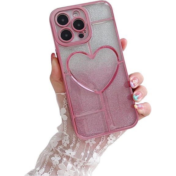 Luxury Glitter Electroplate Love Heart Sparkle Phone Case Lens Protective Cover Compatible with iPhone 11, Pink