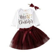 My First Christmas Clothes Set Baby Girl Bodysuit Mesh Tutu Skirt Headband 0-18M