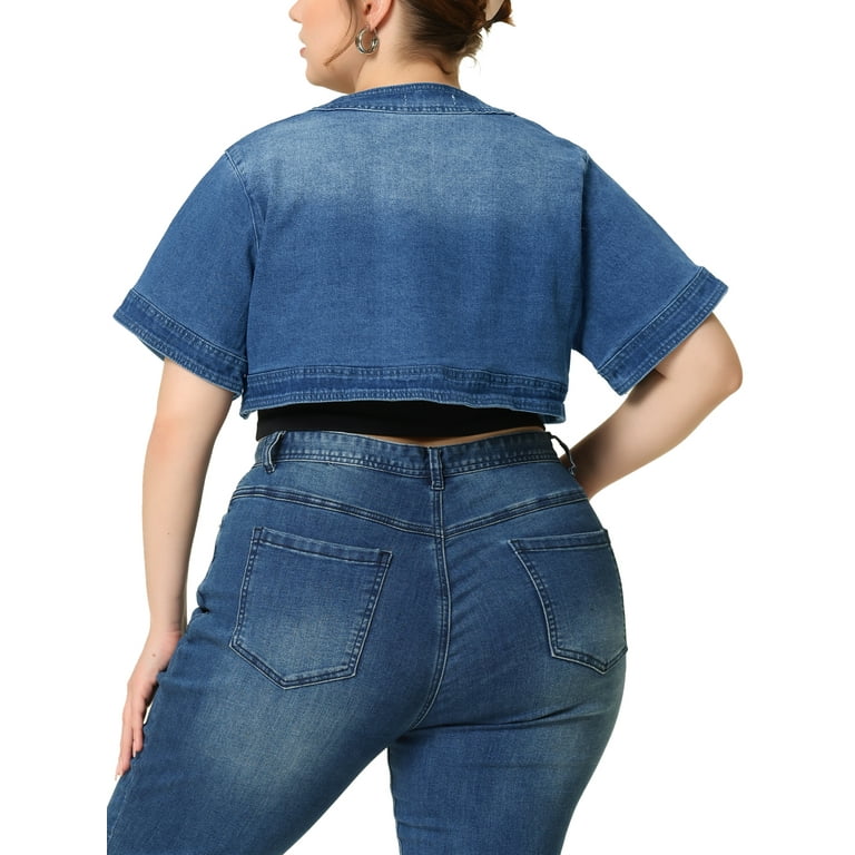 Unique Bargains Women s Plus Size Denim Cardigan Crop Short Sleeve