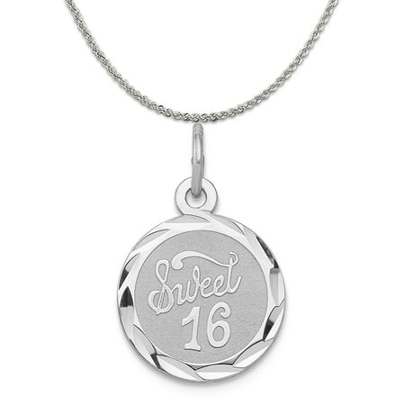Sterling Silver Sweet Sixteen Disc Charm (13mm x 20mm) on a Sterling Silver 18 Inch Rope Chain