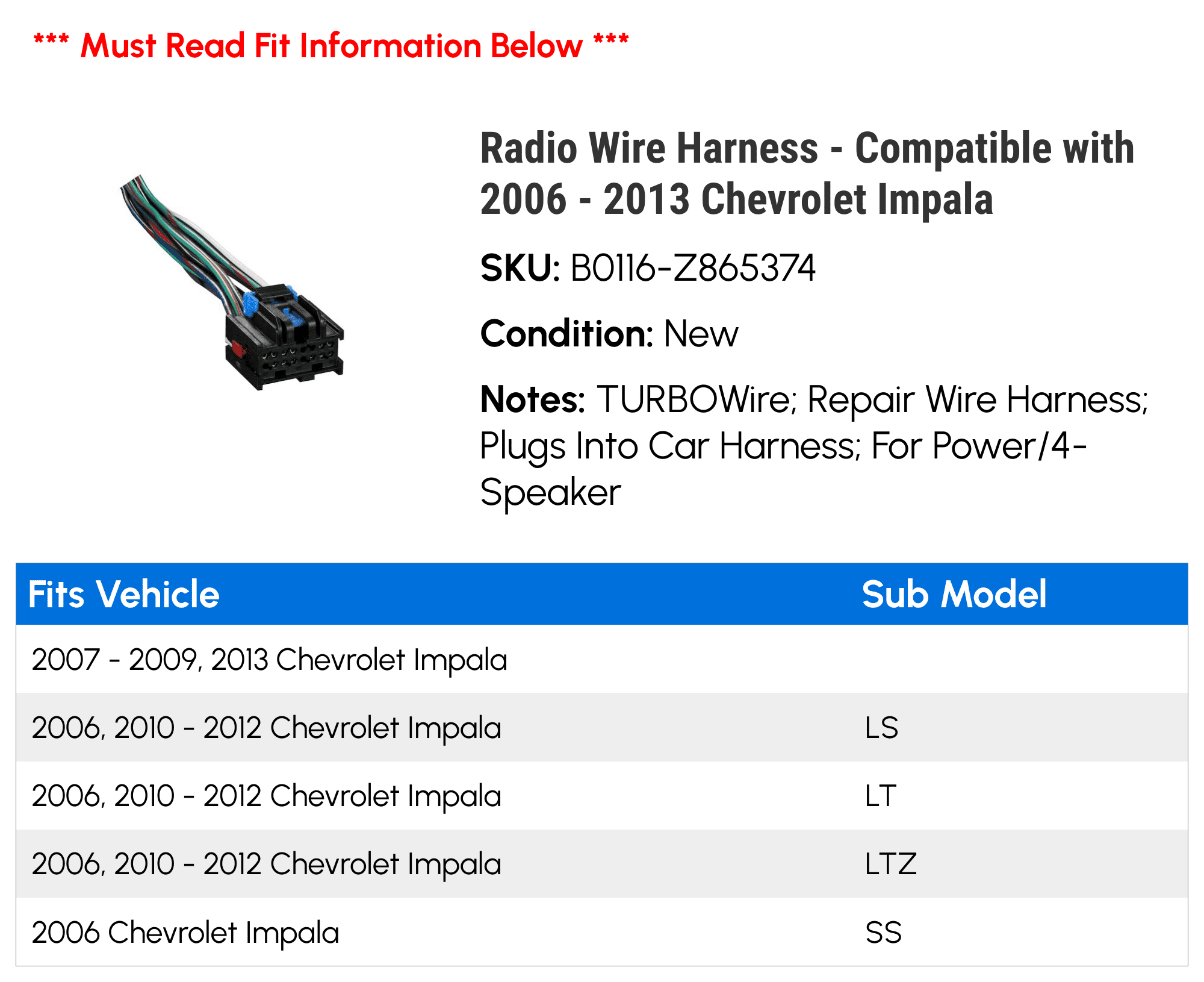 Metra Radio Wire Harness Compatible with 2006 - 2013 Chevy Impala