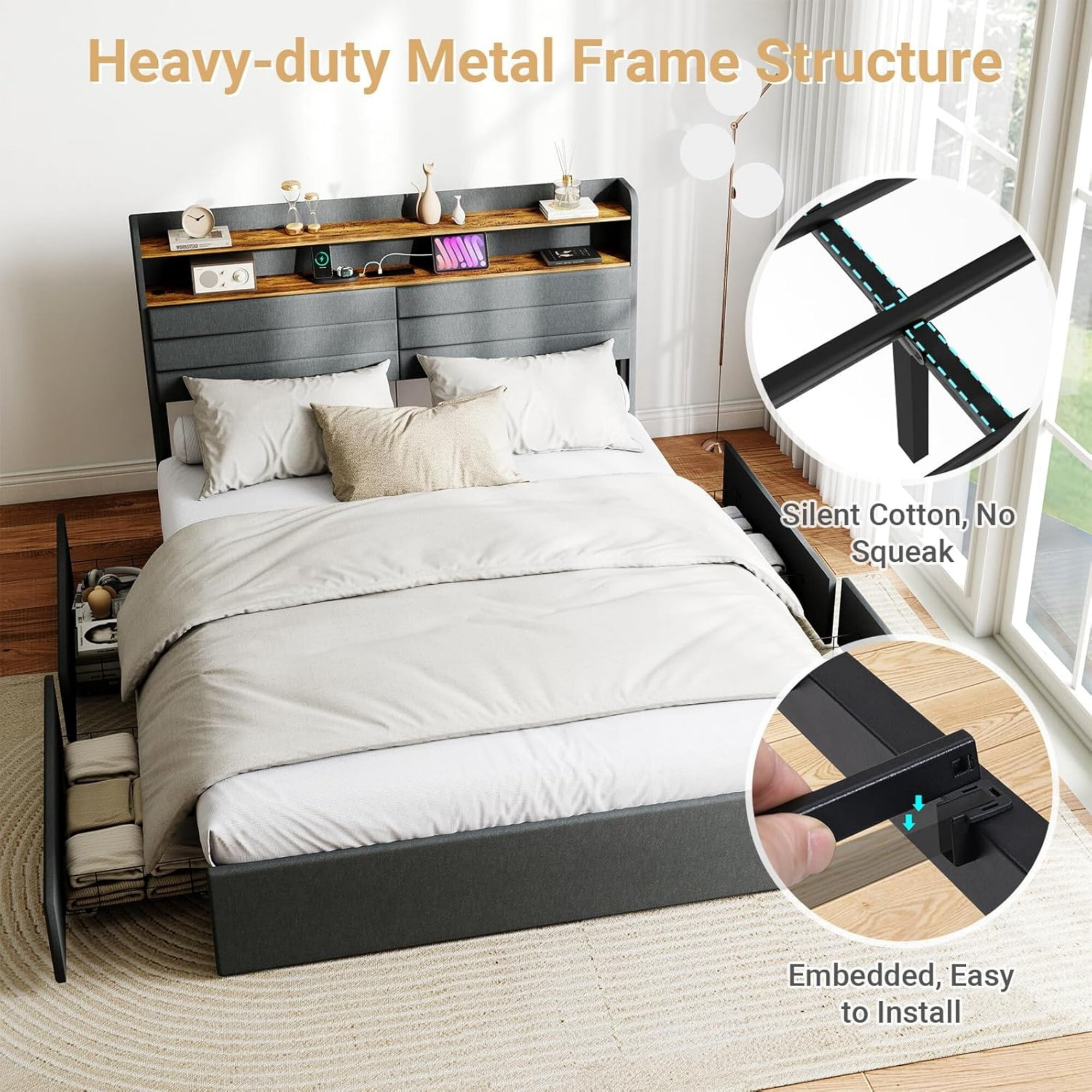 AENKYO Queen Upholstered Platform Bed Frame with Charging Station, Storage Headboard, 4 Drawers, LED Light, Dark Gray