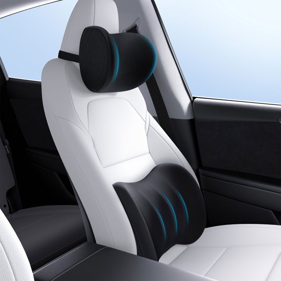 Wigoo Car Neck Pillow and Lumbar Support Pillow for Car Kit [Ergonomic Design, Pressure Relief] Soft Car Headrest Pillow Back Cushion with Adjustable Strap, Fits All Vehicles (Black)