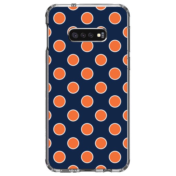 DistinctInk Clear Shockproof Hybrid Case for Samsung Galaxy S10e (5.8" Screen) - TPU Bumper, Acrylic Back, Tempered Glass Screen Protector - Navy Orange White Polka Dots
