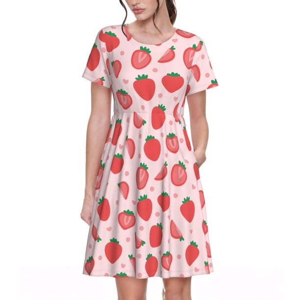 Disketp Strawberry para Vestido de Manga Corta para Mujeres, Vestidos de Verano para Mujeres, Casual y Holgado para la Playa