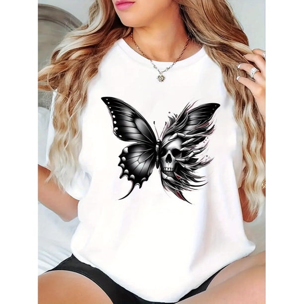 Camiseta informal con estampado de calavera y mariposa para mujer: moderna camiseta de manga corta, de algodón suave, cómoda camiseta de verano para uso informal y vacaciones | Estilo casual moderno |