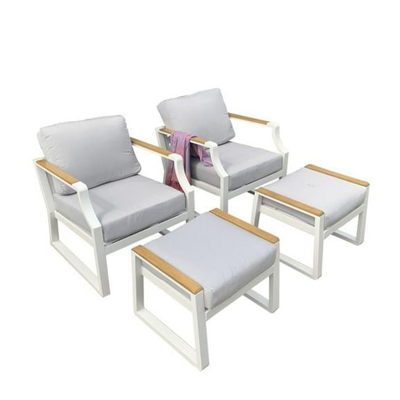 Direct Wicker UBS-2101-SS-OT-White 4 Piece Set Outdoor Garden White Iron Single-seat Sofas with Footstools and Grey Cushions