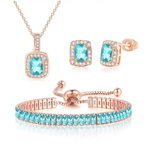 Paris 18K Rose Gold Aquamarine Princess Halo Necklace, Earrings & Bracelet Set plated